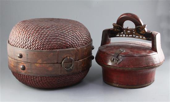 A Chinese woven bamboo and lacquer two tier basket